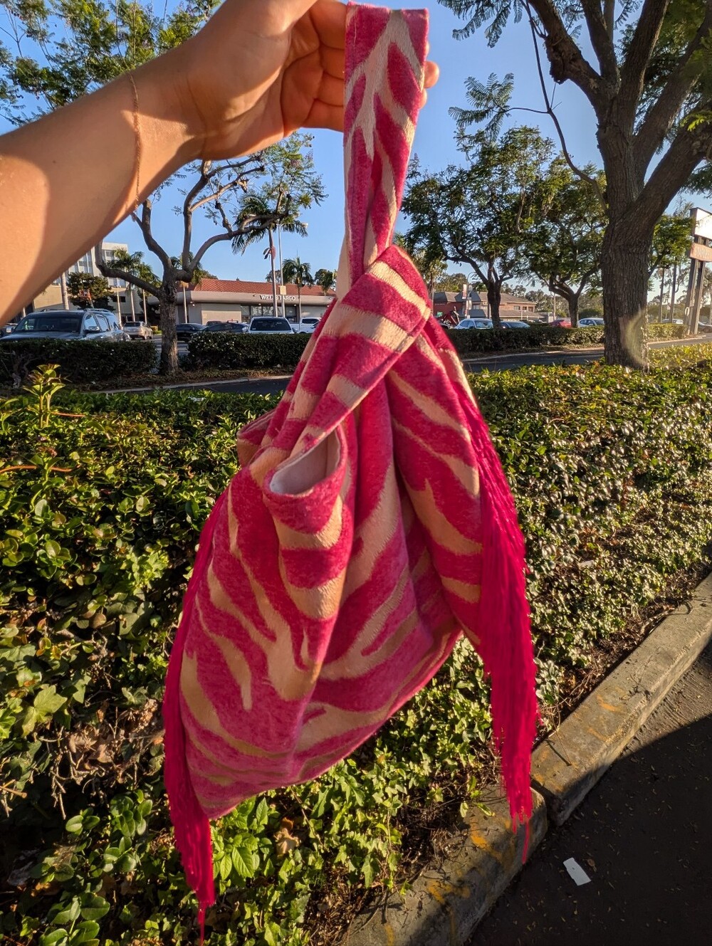 Handmade Pink Zebra Print Fringe Tote Japanese Knot Neon